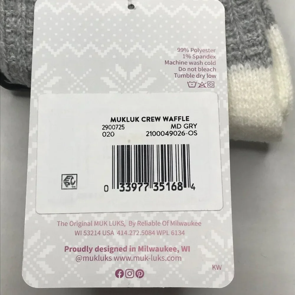 Muk Luks Women’s Crew Waffle Boot Socks Size 6-11 Gray/Cream New - Picture 5 of 5